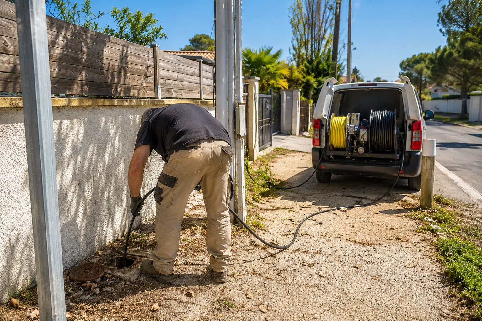 Technicien MTP Débouchage débouchant une canalisation au jet haute pression, camion et enrouleur à l'arrière-plan
