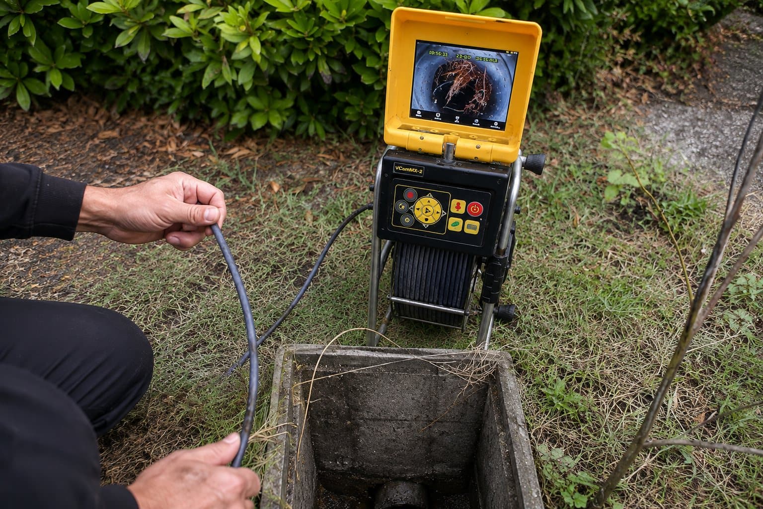 Caméra d'inspection de canalisation introduite dans un regard, écran de contrôle affichant l'intérieur du conduit