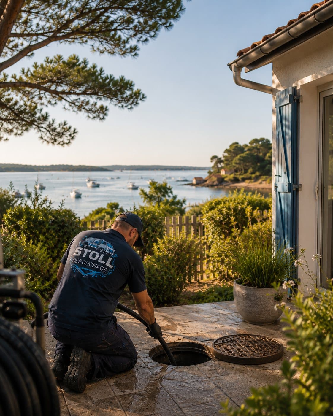 Technicien MTP Débouchage intervenant sur un regard d'assainissement devant une villa du Bassin d'Arcachon, à Arcachon