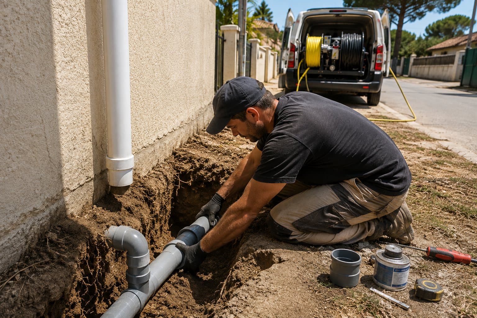 Technicien MTP Débouchage remplaçant une canalisation PVC en tranchée le long d'une habitation